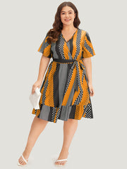 Striped & Polka Dot Graphic Pocket Ruffle Wrap Dress