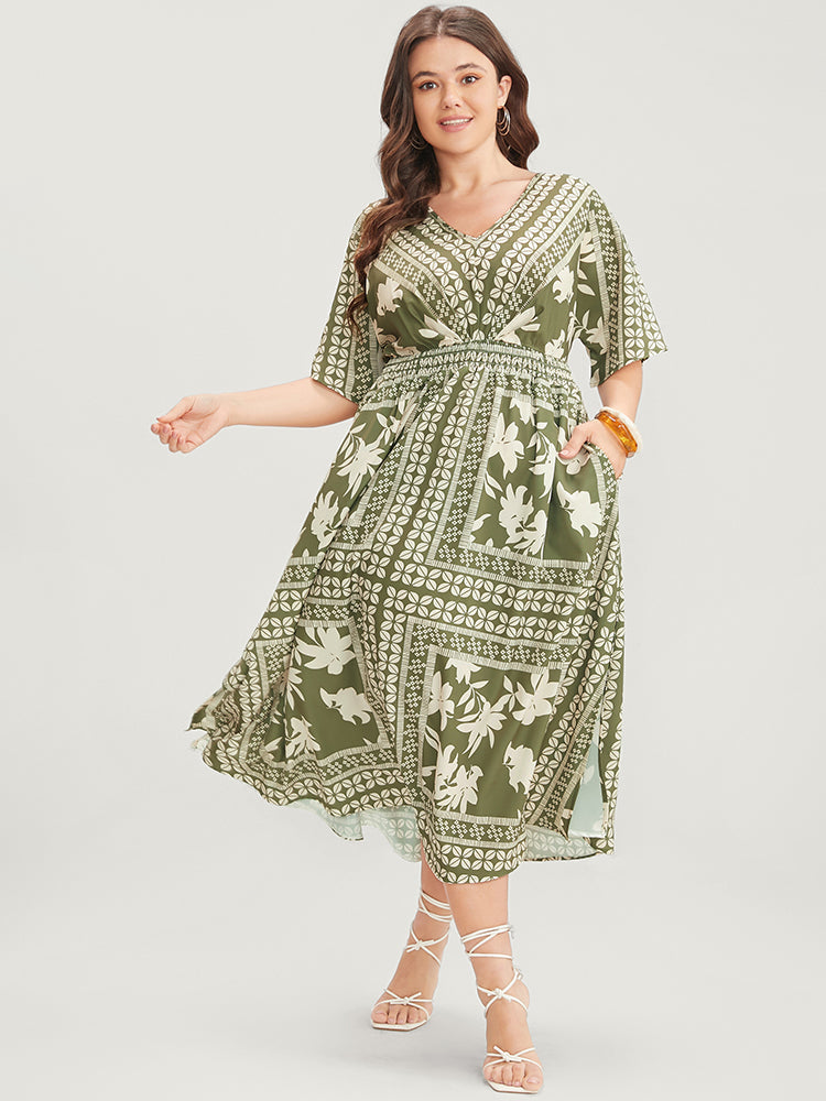 Floral Print Ruffles V Neck Shirred Pocket Split Hem Dress