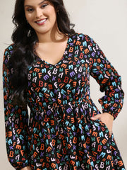 Alphabetical Print Drawstring Adjustable Waist Midi Dress