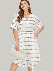 Striped Notched Neck Pocket Roll Batwing Sleeve Dress