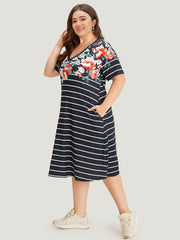 Floral & Striped Print Pocket V Neck Dress