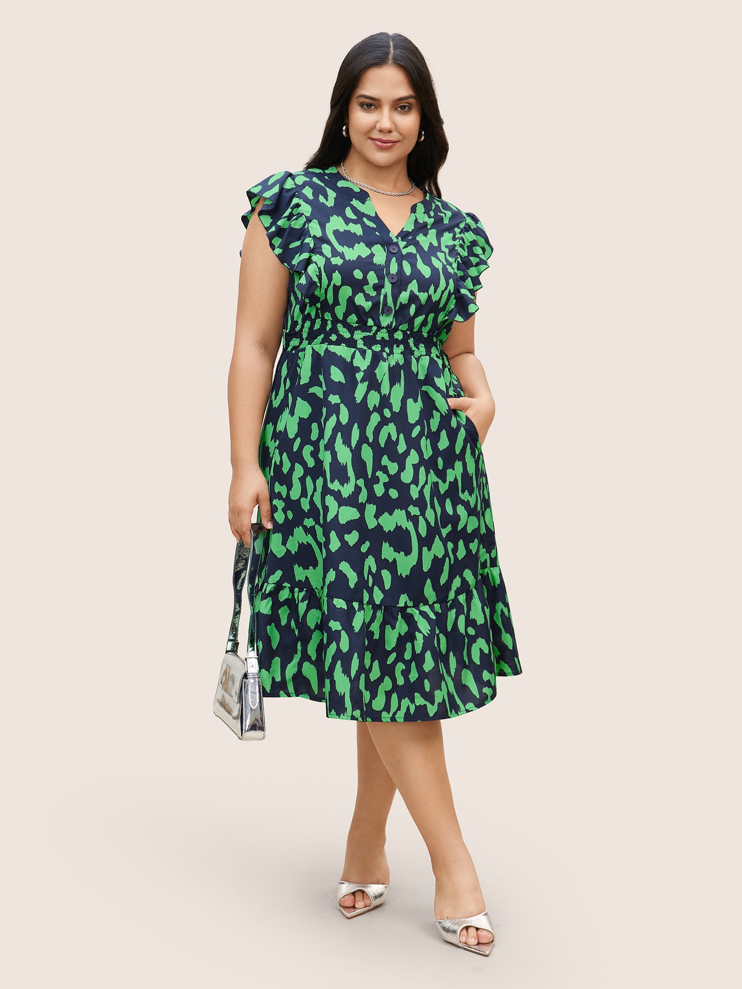 Notched Leopard Print Cap Sleeve Ruffles Dress