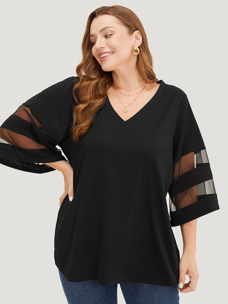 Solid Mesh Patchwork V Neck T-shirt