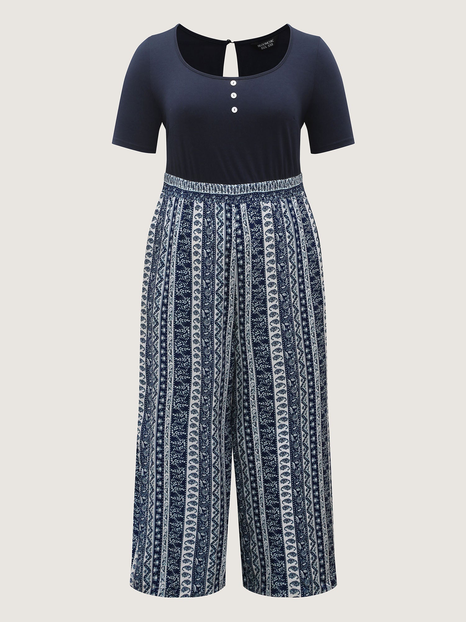 Boho Striped Shirred Contrast Jumpsuit