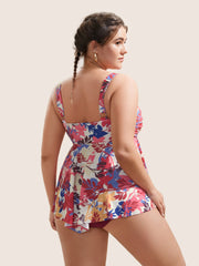 Silhouette Floral Print Crossover Tiered Hem Swim Top