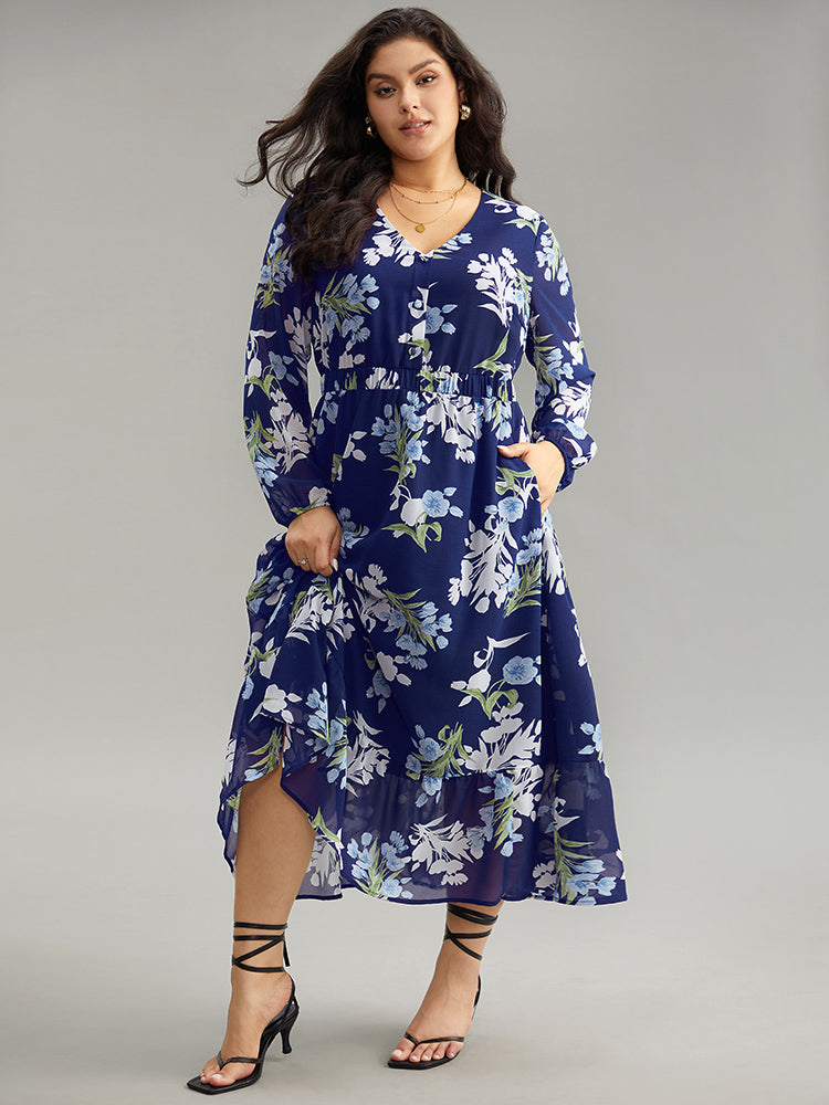 Floral Print Chiffon Pocket Elastic Waist Gathered Dress