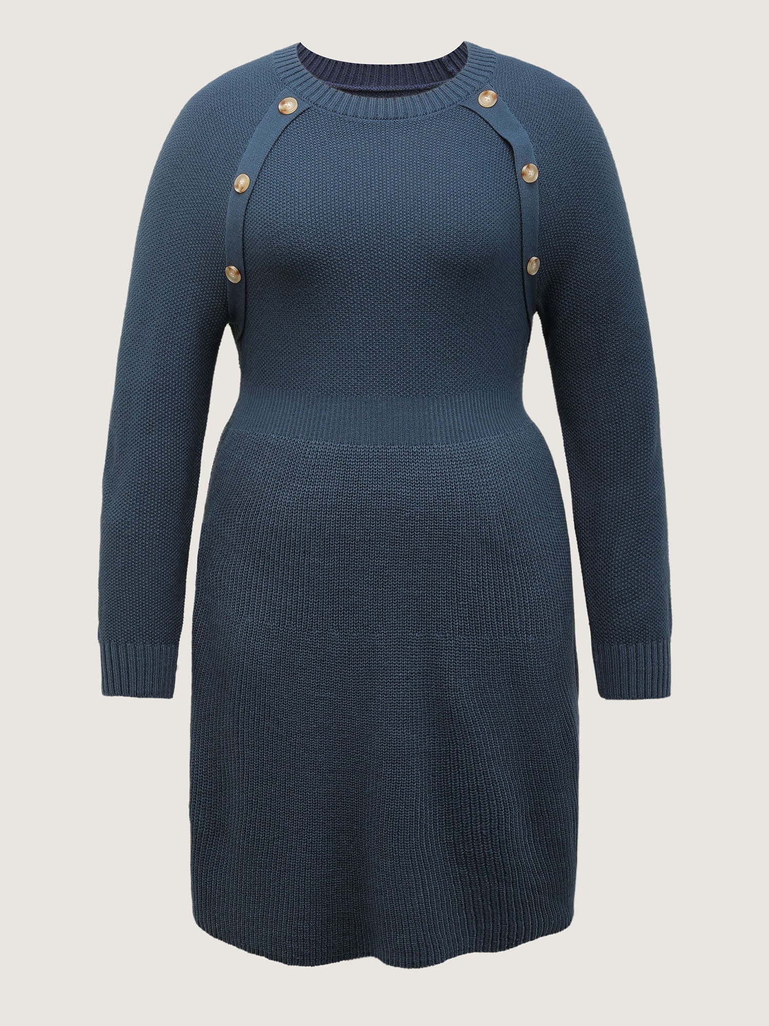Textured Stretchy Waist Button Sweater Knee-Length Dress