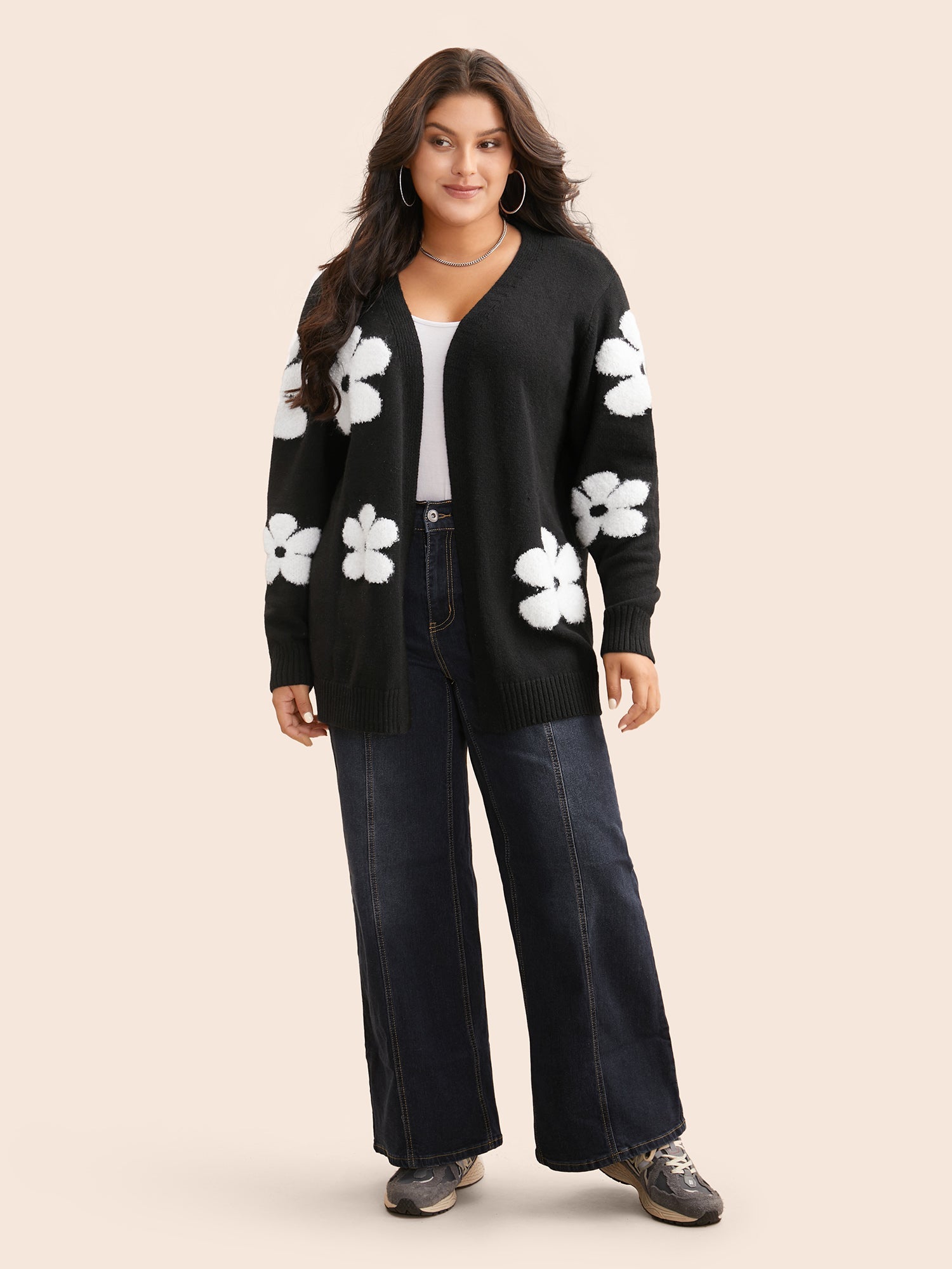 Floral Jacquard Drop Shoulder Sleeve Cardigan