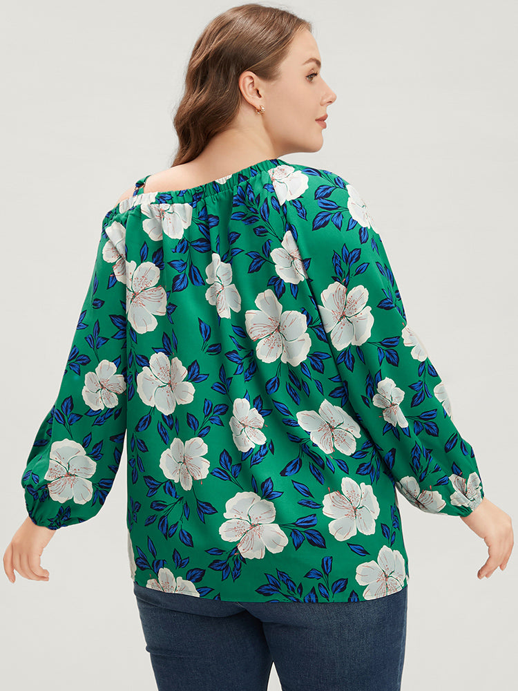 Floral Lantern Sleeve Adjustable Straps One Shoulder Blouse