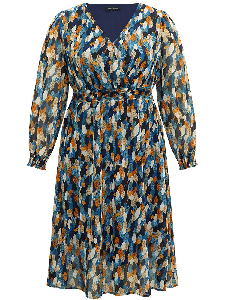 Overlap Collar Feather Shirred Pocket Dress