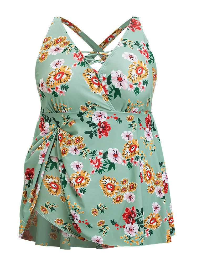 Floral Crisscross Surplice Neck Flutter Hem Swim Dress