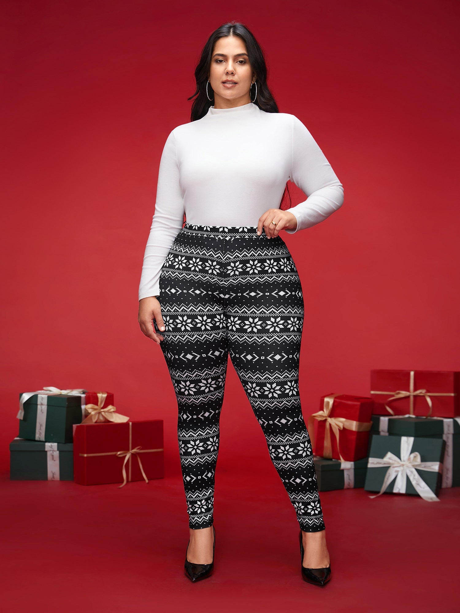 Snowflakes Printed High-Waist Stretchy Leggings