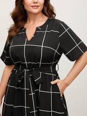 Checkered Print Belted Pockets Midi Dress