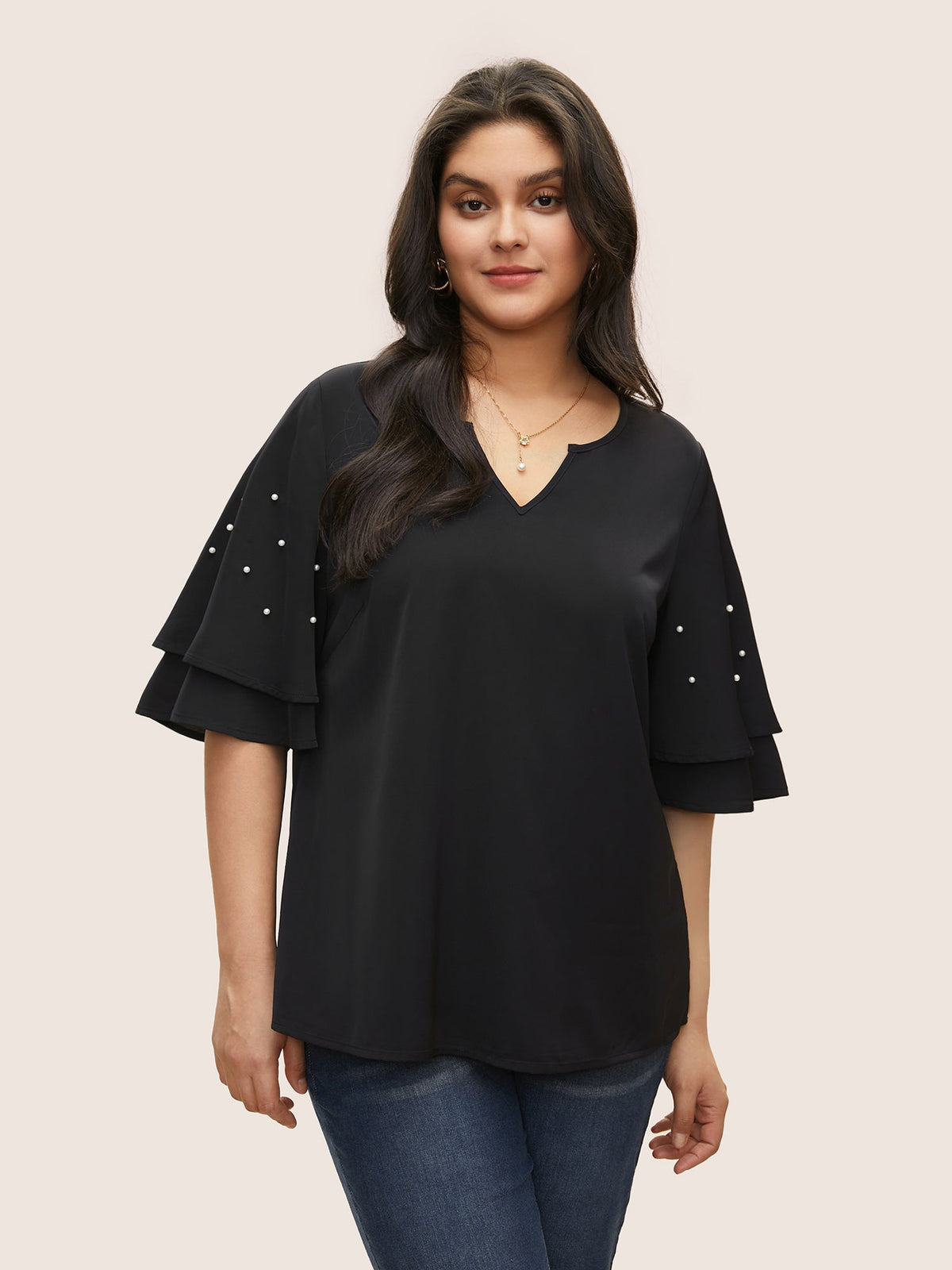 Solid Pearl Beaded Ruffle Layered Sleeve Blouse
