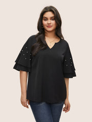 Solid Pearl Beaded Ruffle Layered Sleeve Blouse