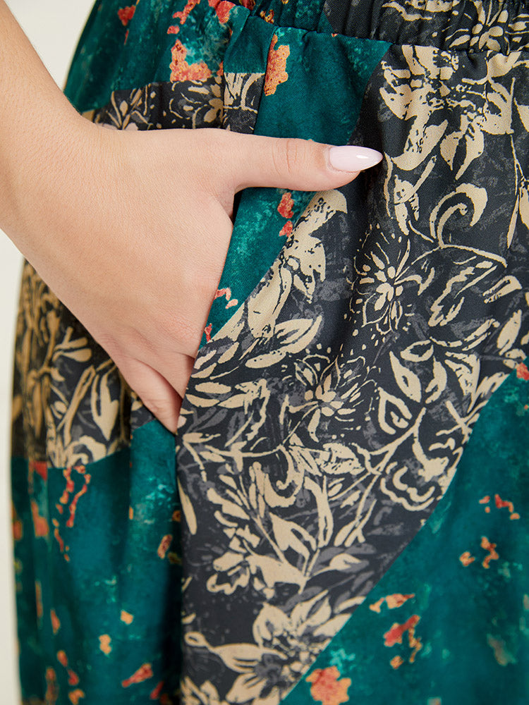 Floral Contrast Pocket Knot Front Skirt