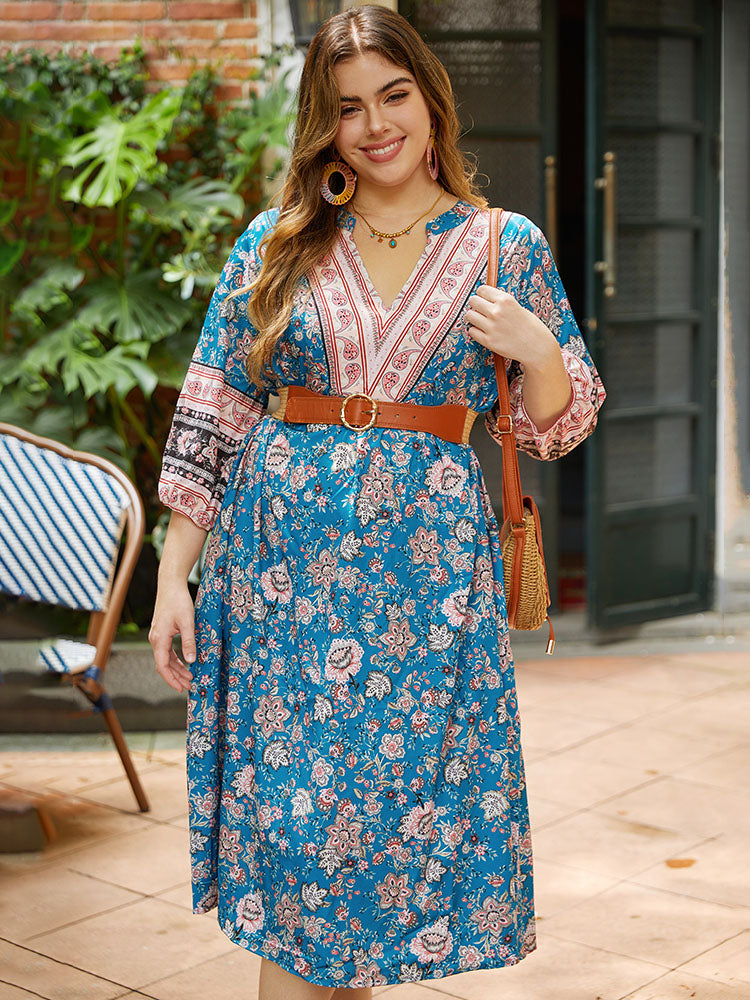 Floral Print Notched Lantern Sleeve Contrast Dress