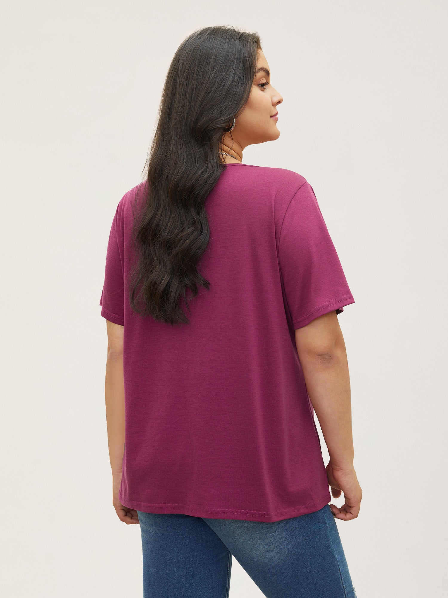 Solid Pleated Front Button Detail V Neck T-shirt