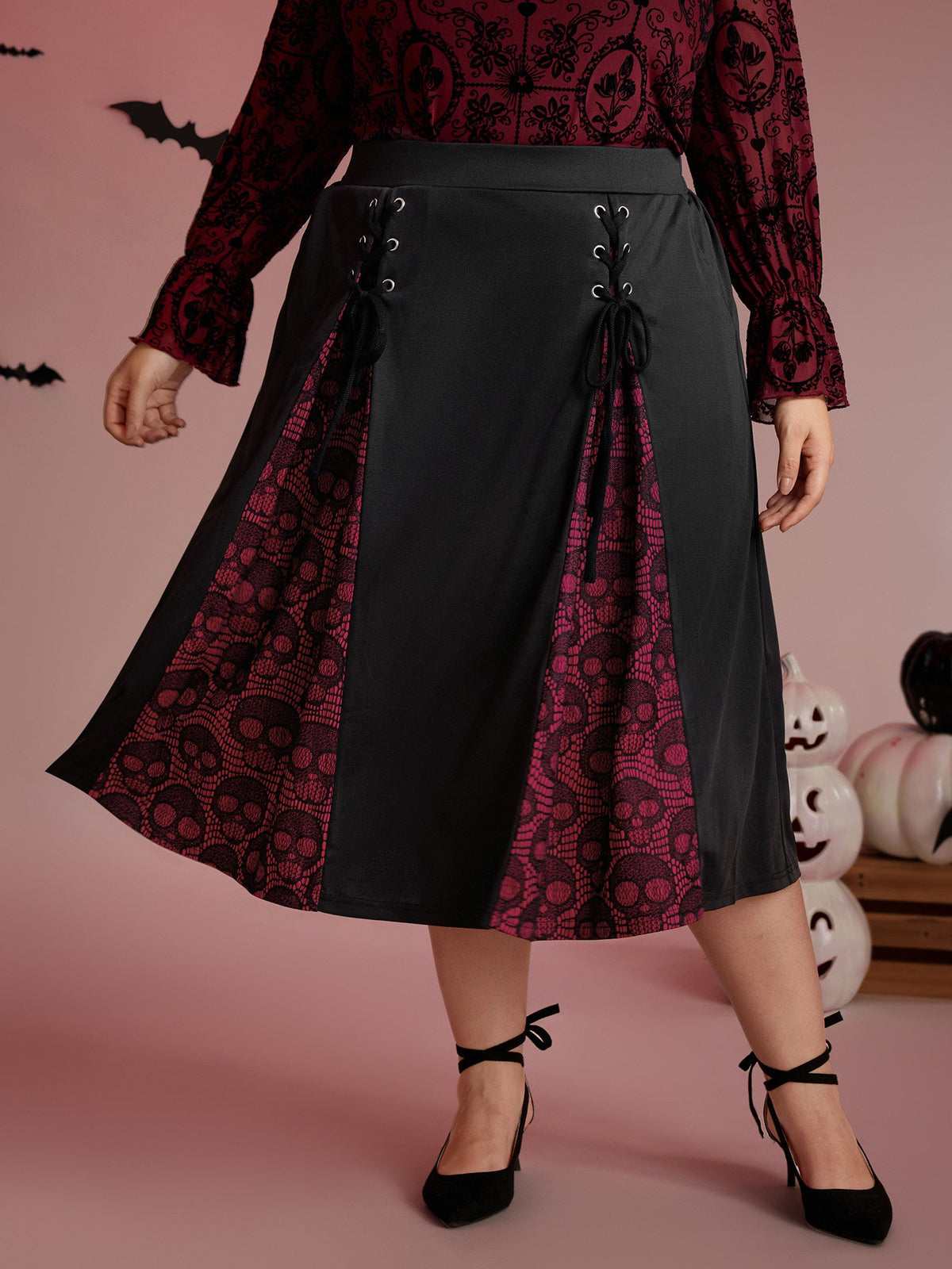 Skull Mesh Panel Cross-Tie Maxi Skirt