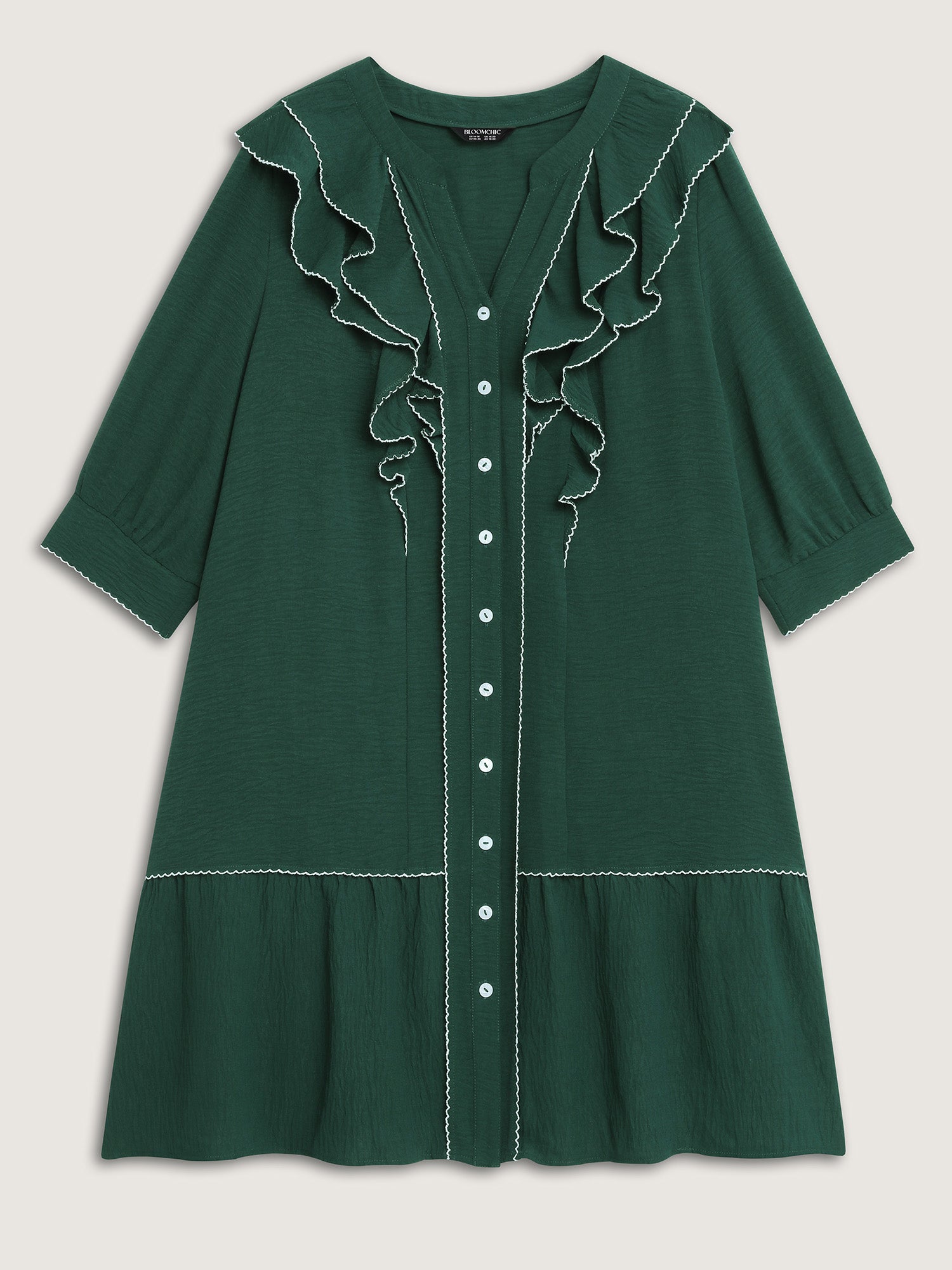 Ruffled Neck Tiered Button Knee-Length Dress