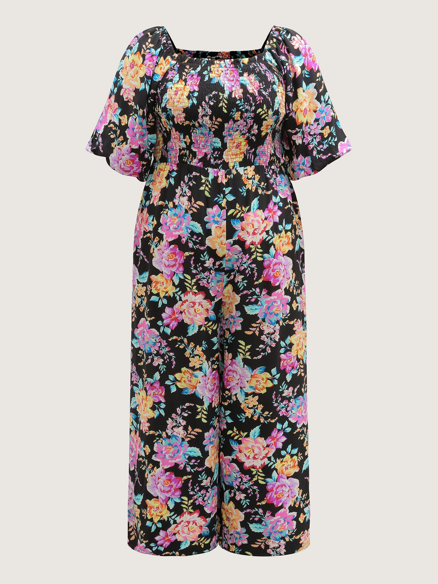 Floral Print Bust-Ease Shirred Jumpsuit