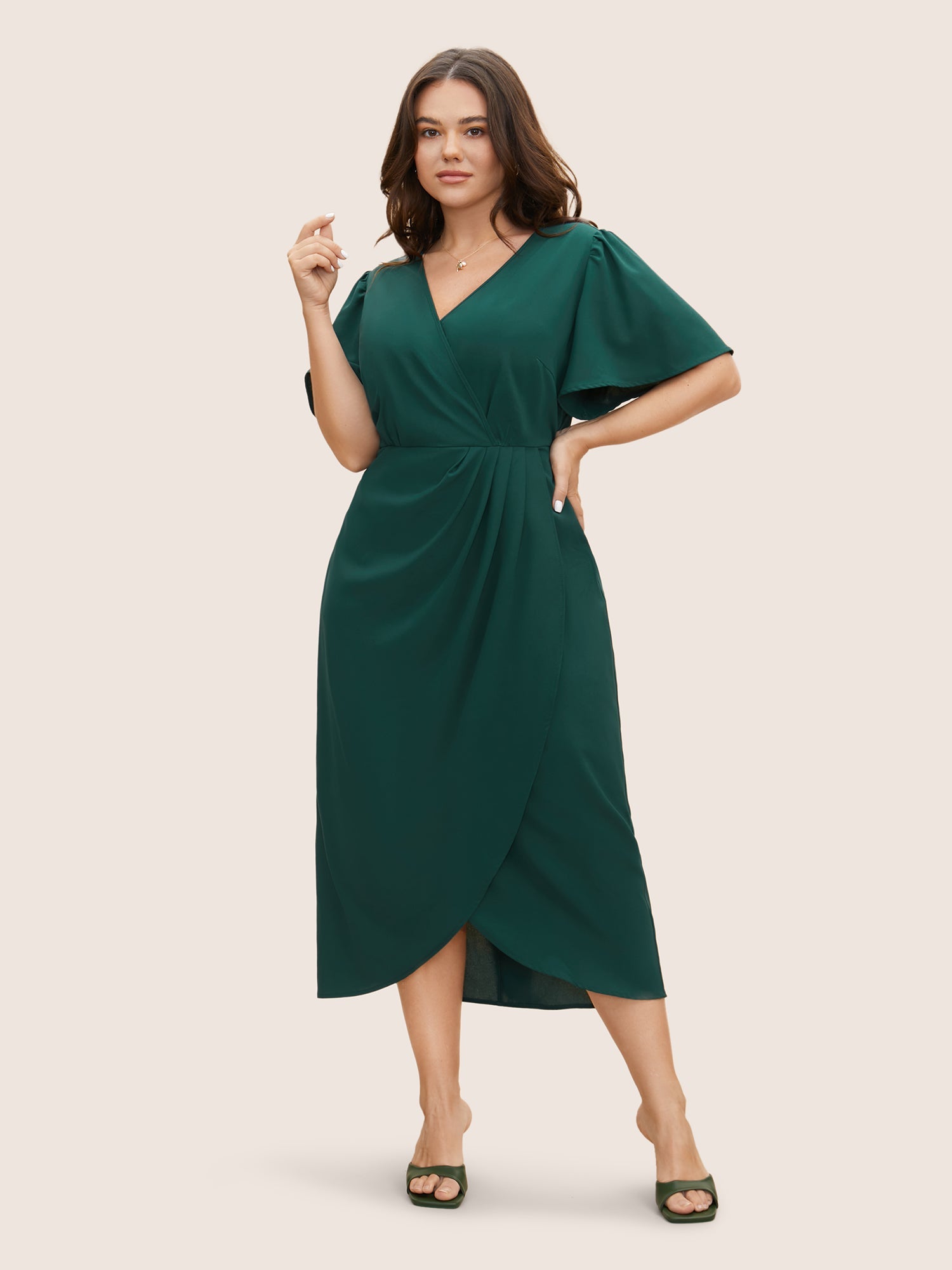 Solid Pleated Ruffle Sleeve Wrap Hem Dress