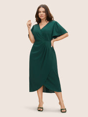 Solid Pleated Ruffle Sleeve Wrap Hem Dress