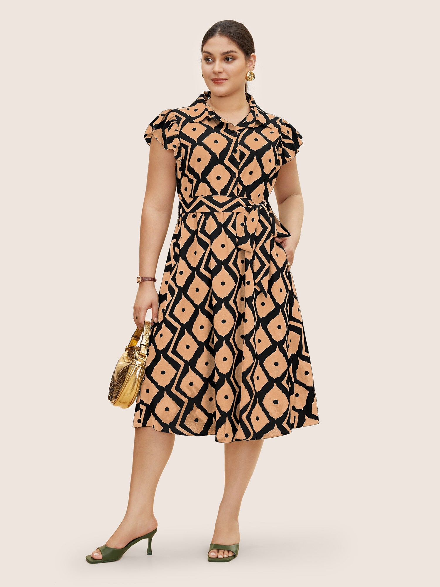 Shirt Collar Geometric Ruffle Cap Sleeve Dress