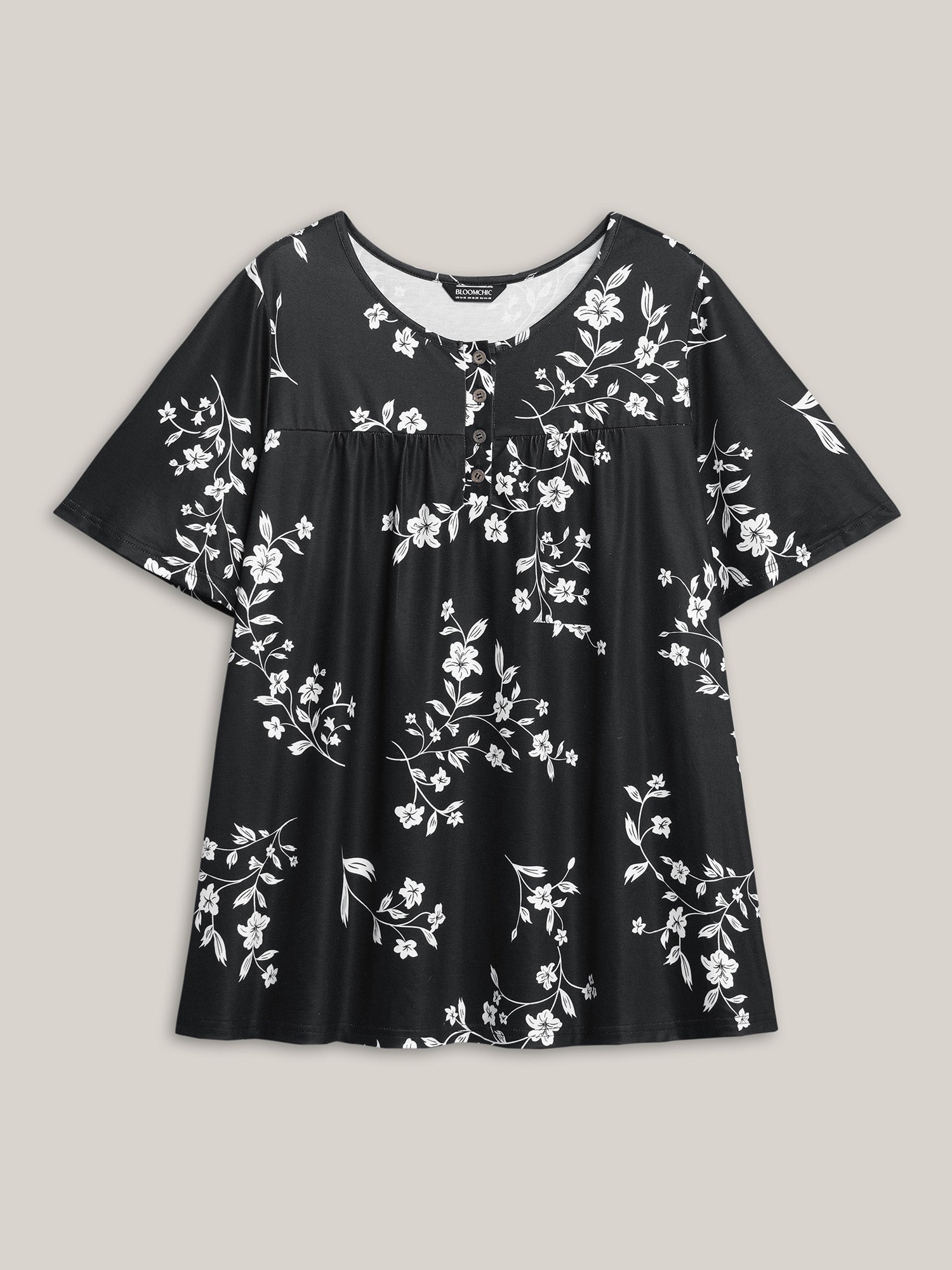 Floral Print Button Placket Pleated T-Shirt