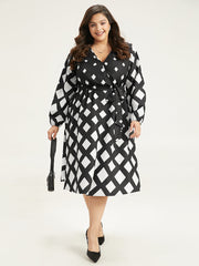Geometric Print Belted Lantern Sleeve Dress