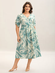 Abstract Print Gathered Sleeve Midi Dress