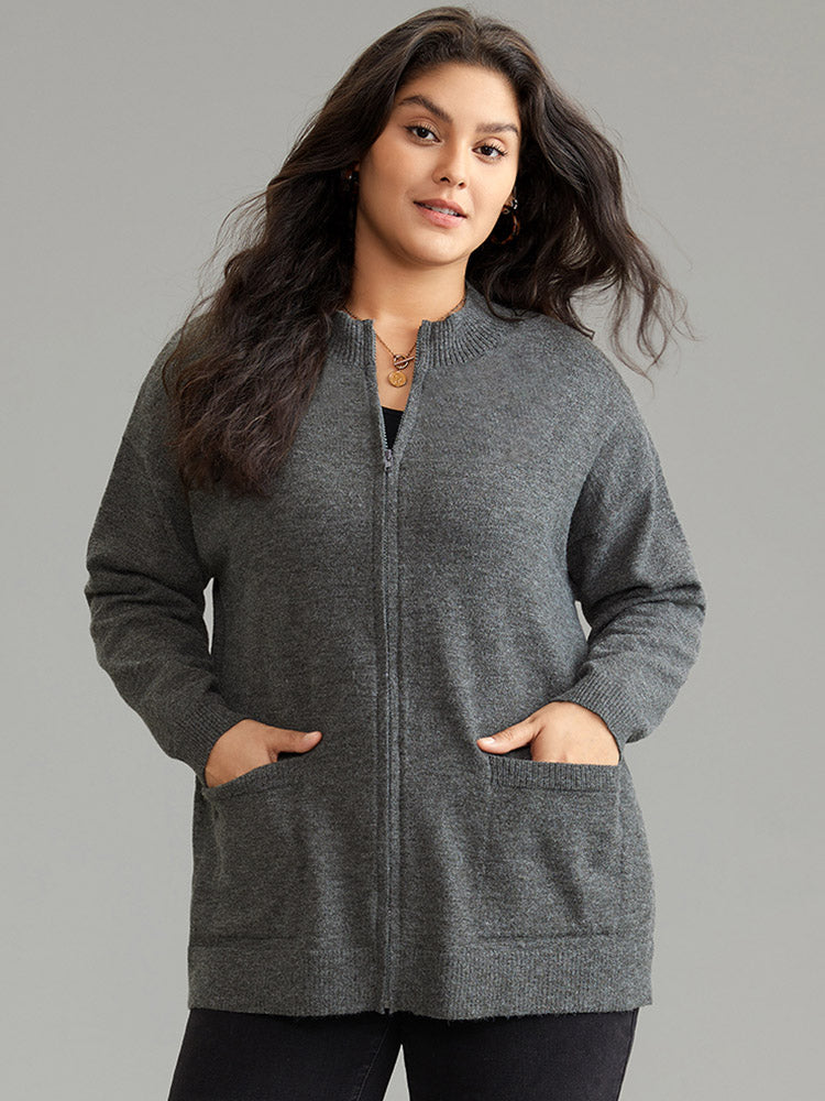 Anti-Pilling Zipper Fly Patched Pocket Cardigan