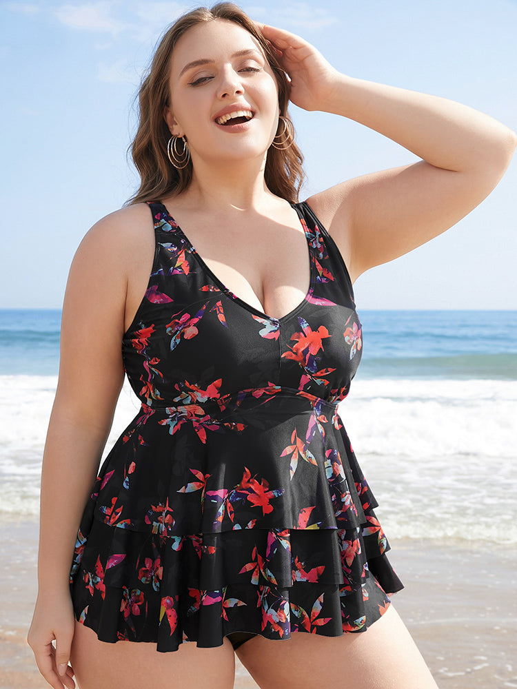 Floral Printed Ruffle Tiered A Line Tankini Top