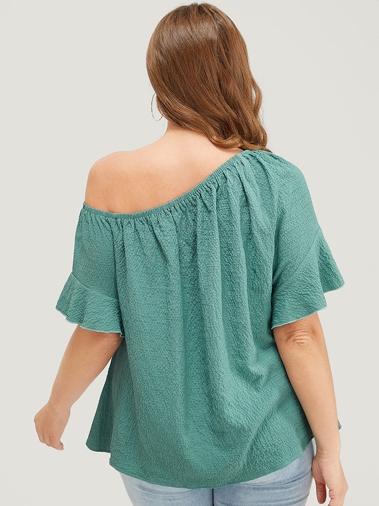 Solid Cut Out Knotted Hem Ruffle Sleeve One Shoulder Blouse