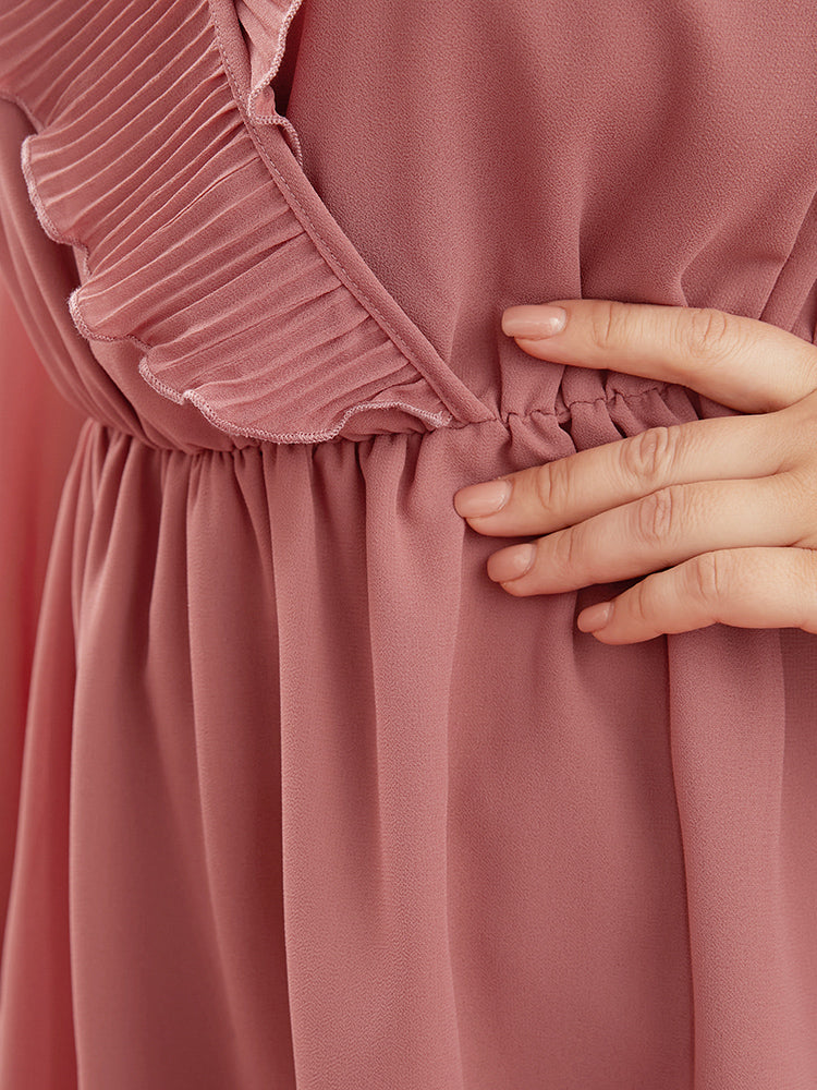 Solid Lantern Sleeve Pleated Ruffle Trim Wrap Blouse