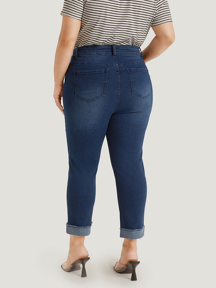 Solid Frayed Roll Hem High Rise Jeans