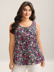 Floral Print Pleated Neck Tank Top