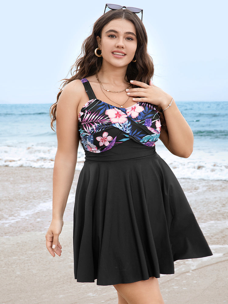 Floral Patchwork Flutter Hem Empire Waist Swim Dress