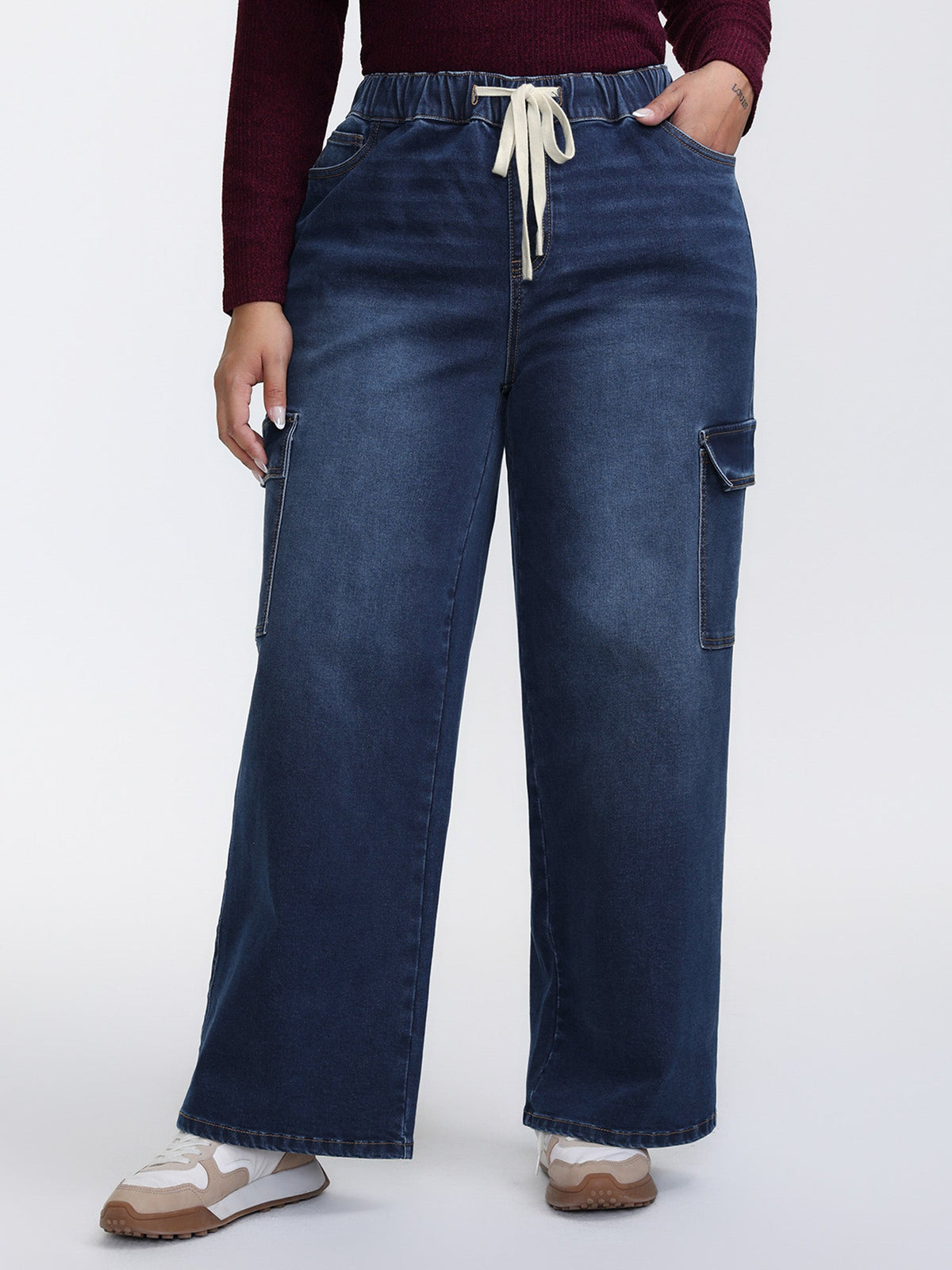 Stretchy Waist Drawstring Wide-Leg Jeans