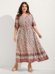 Floral Print Lace Waist Drawstring Maxi Dress