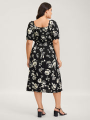 Floral Print Sweetheart Neck Midi Dress