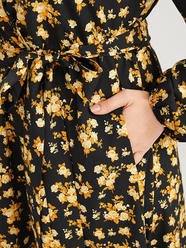 Floral Printed Pocket Lantern Sleeve Belted Wrap Midi Dress