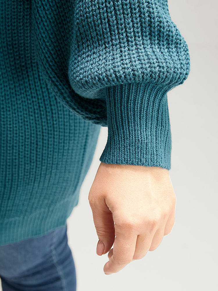 Solid Pointelle Knit Lantern Sleeve Cold Shoulder Knit Top