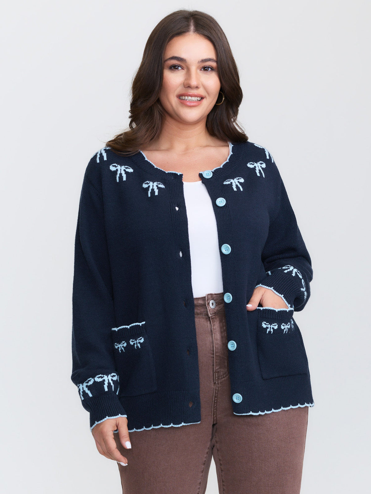 Bow Pattern Jacquard Button Knit Cardigan