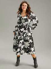 Floral Belted V Neck Lantern Sleeve Dress
