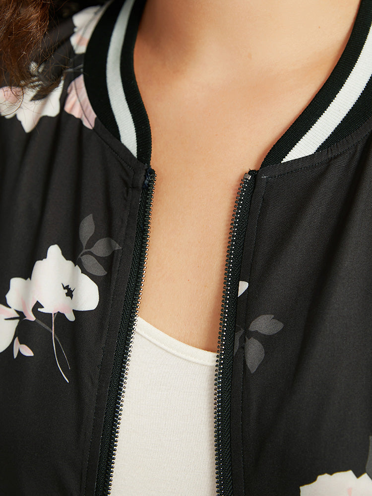 Floral Contrast Trim O Ring Zipper Jacket