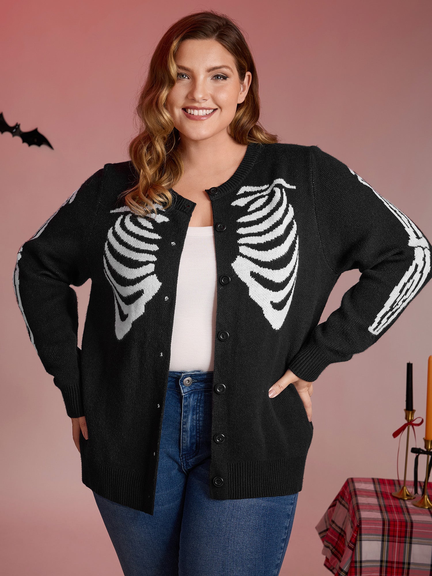 Skeleton Ribcage Print Button Knit Cardigan