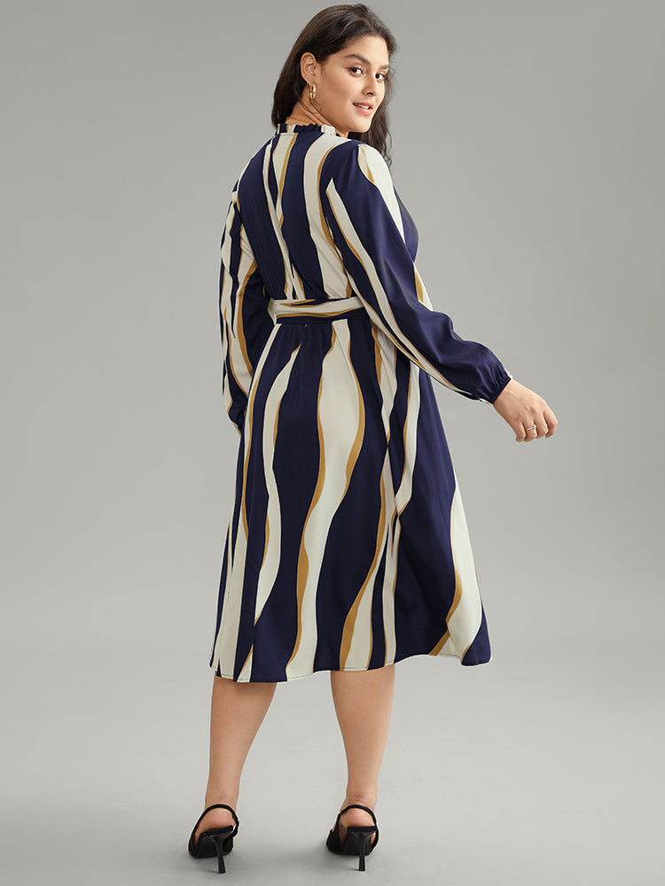 Colorblock Striped Notched Belted Lantern Sleeve Dress