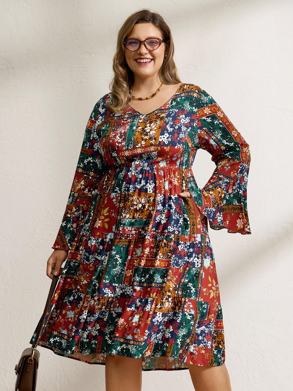 Floral Collage Print Deep V-Neck Midi Dress