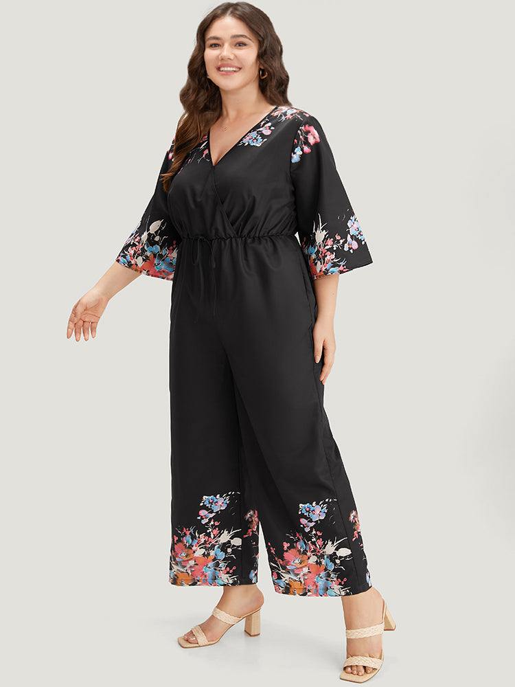 Boho Print Drawstring Pocket Flutter Sleeve Jumpsuit